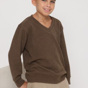 סווטשירט v קלאסי בצבע חום טבעי  לילד - 3-4Y