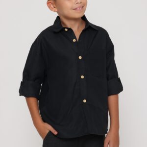 חולצה אוברסייז מכופתרת לילד בצבע שחור - 7-8Y