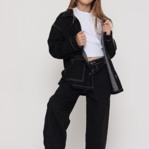 מכנס ג׳ינס אוברסייז שחור עם תפרים לבנים- בנות - 5-6Y