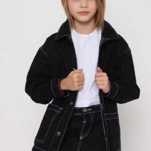 ג׳קט ג׳ינס אוברסייז שחור עם תפרים לבנים- בנות - 9-10Y